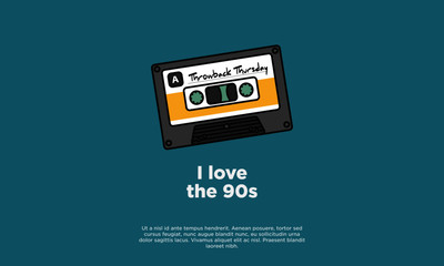 I love the 90's (Throwback Thursday written on a Line Art Cassette Tape Vector Illustration in Flat Style Design)