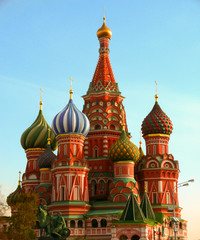 Fototapeta na wymiar Closeup Saint Basil Cathedral in Red Square Moscow Russia in the evening light
