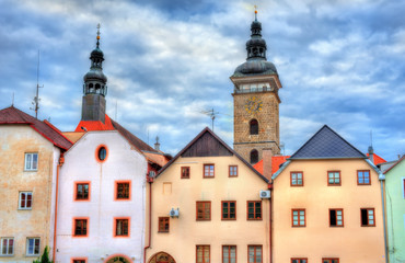 Fototapeta premium Buildings in the old town of Ceske Budejovice, Czech Republic.