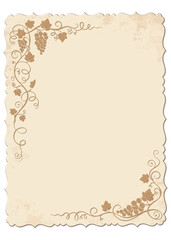 Retro postcard with carved edges, grunge and decorative grape vines. 