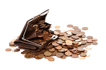 Leather wallet with a lot of euro cent coins