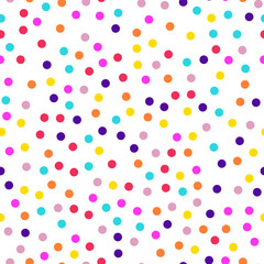Memphis style polka dots seamless pattern on white background. Charming modern memphis polka dots creative pattern. Bright scattered confetti fall chaotic decor. Vector illustration.