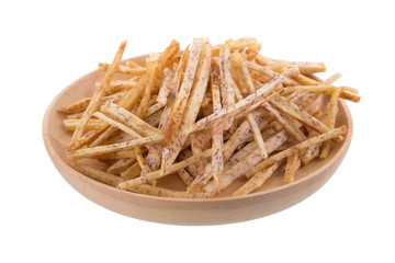 fried Taro slices Dip into the caramel In the basket isolated on white background