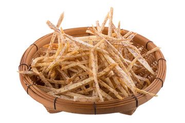 fried Taro slices Dip into the caramel In the basket isolated on white background