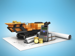 Concept of construction calculations excavator crusher blueprints money 3d render on a blue background