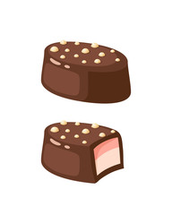 Chocolate covered bonbon praline filling. Vector illustration candy flat icon isolated on white.