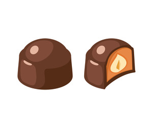 Chocolate covered bonbon filling hazelnut nougat. Vector illustration candy flat icon isolated on white.