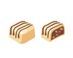 White chocolate covered bonbon stuffed nougat, striped dark chocolate. Vector illustration candy flat icon isolated on white.