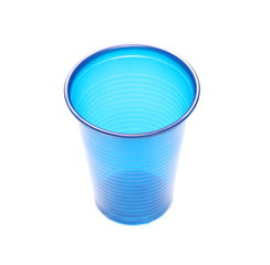 Blue, plastic cup isolated on white background