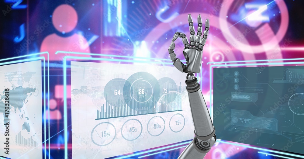 Poster robot hand interacting with technology interface panels