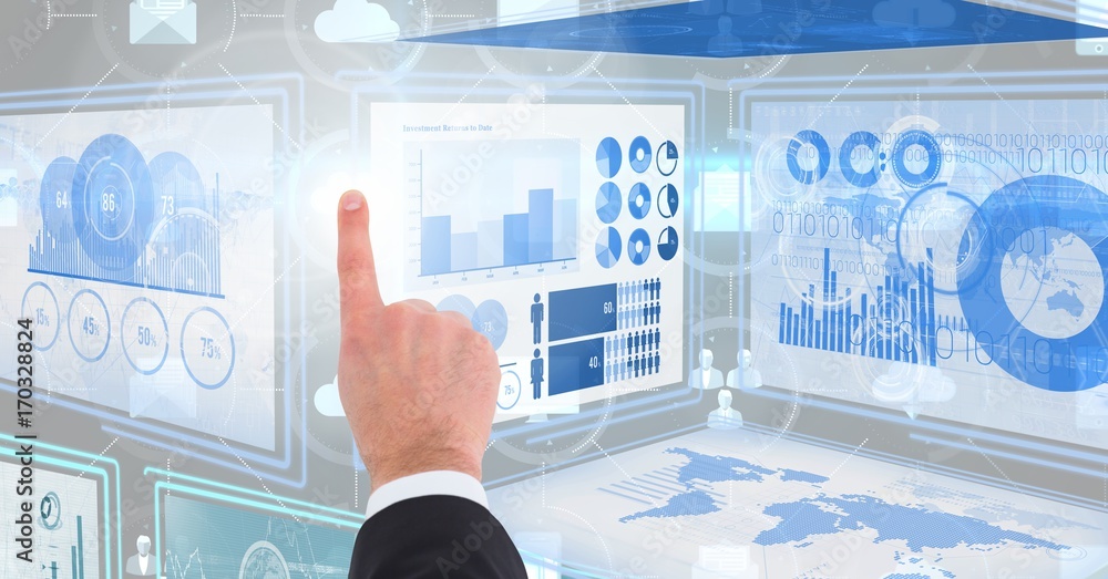Poster hand touching and interacting with technology interface panels