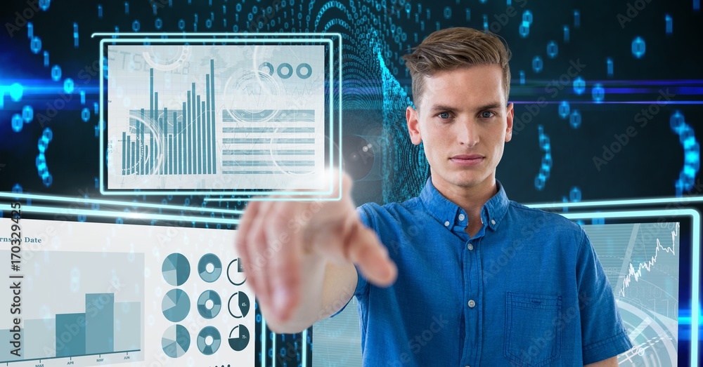 Aufkleber man touching and interacting with technology interface panels