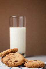 Focused on chocolate chip cookies and a glass of milk background on table with brown background.