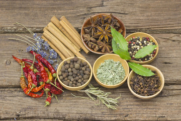Variety of spices on wooden background