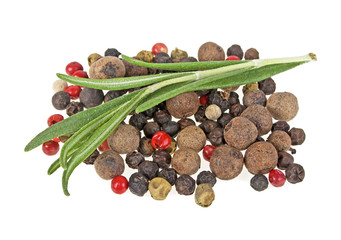 Heap of mixed peppercorns and rosemary sprig on a white background