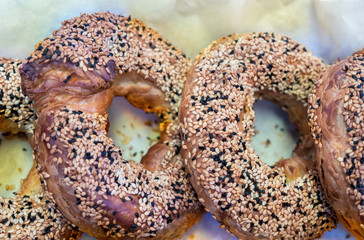 fresh sesame bagels for sale at local farmers market
