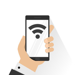 Hands holding a smart phone. Communication, connection concept. Vector illustration.