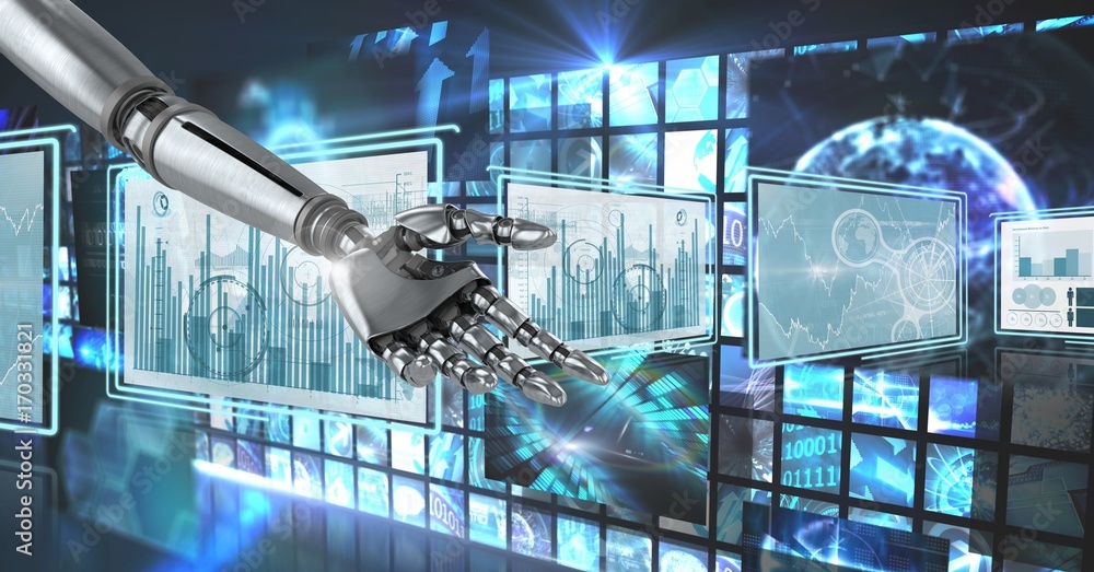 Poster robot hand interacting with technology interface panels