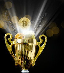 Bitcoin BTC coins on trophy