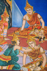 Obraz premium Vie de Bouddha. Peintures murales. Wat Inpeng. Vientiane. Laos. / Life of Buddha. Ceiling Artwork Depicting the Life of Buddha. Wat Inpeng. Ventiane. Laos..