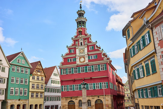 Old Town Hall of Esslingen in Germany / Red facade of medieval building 