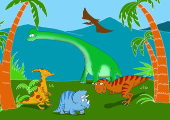Friendly and smiling dinosaurs in a prehistoric landscape © lucamendieta