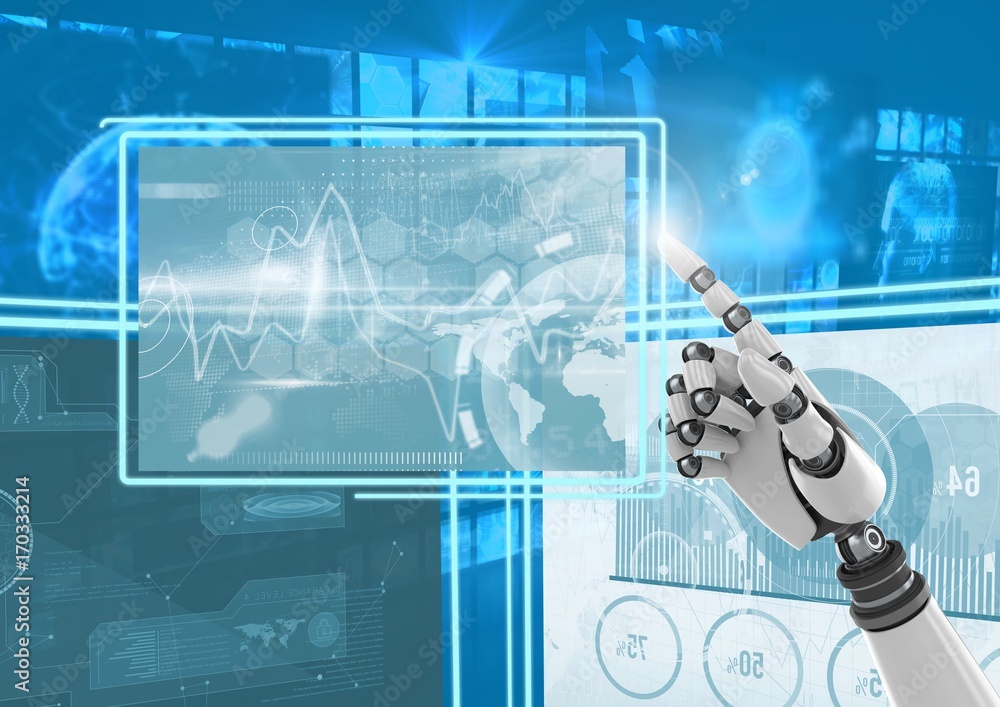 Poster robot hand interacting with technology interface panels