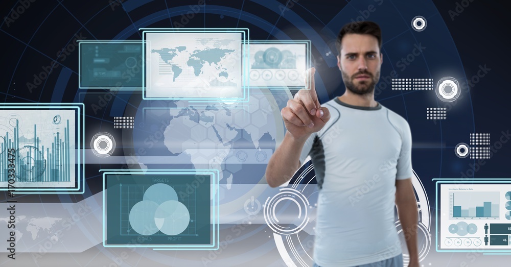 Poster man touching and interacting with technology interface panels