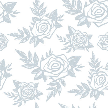 Delicate trendy seamless pattern with hand drawn blue roses