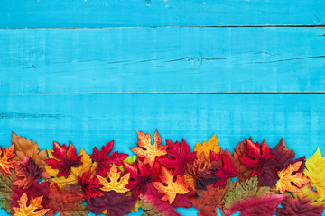 Blank blue sign with colorful fall leaves border