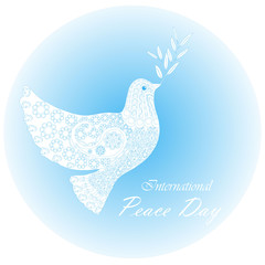 Typography banner International Peace Day, white dove of peace on blue, ornaments, hand drawn, stock vector illustration