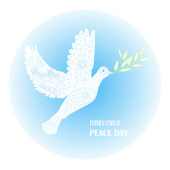 Typography banner International Peace Day, white dove of peace on blue, ornaments, hand drawn, stock vector illustration