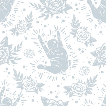 International peace day grunge trendy seamless pattern with hand gesture, roses, florals