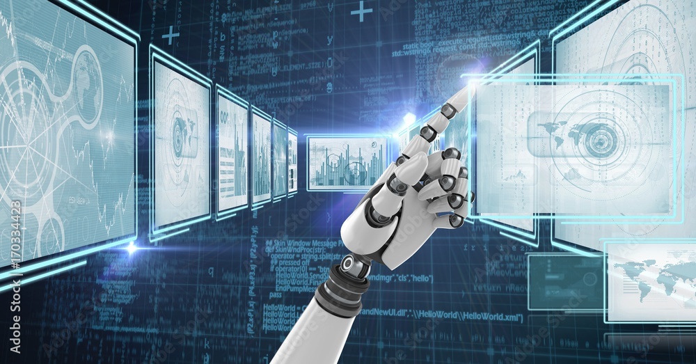 Poster robot hand interacting with technology interface panels