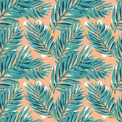 Fototapeta na wymiar Tropical palm leaves pattern. Trendy print design with abstract jungle foliage. Exotic seamless background. Vector illustration