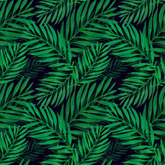 Naklejka na ściany i meble Tropical palm leaves pattern. Trendy print design with abstract jungle foliage. Exotic seamless background. Vector illustration