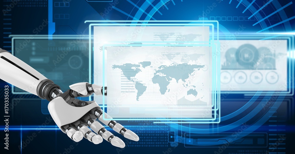 Poster robot hand interacting with technology interface panels