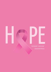 Hope text with pink ribbon and breast cancer awareness concept