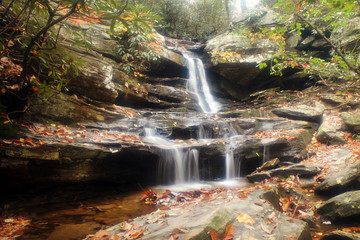 Autumn leaves at Hidden Falls at Hanging Rock State Park, North Carolina