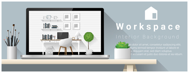 Interior design of modern office workplace , vector , illustration