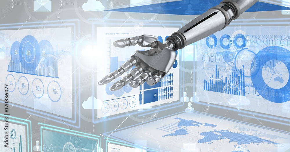 Poster robot hand interacting with technology interface panels