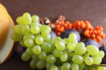 Plums, grapes, mountain ash and walnut on a dark background