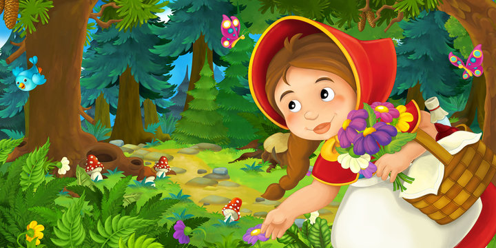cartoon scene with young girl walking through the forest - illustration for children