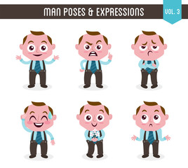 Cartoon character of a man in different poses. Isolated on white background. Body gestures and facial expressions. Set 3 of 8.