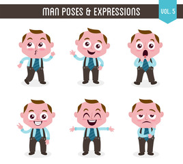 Cartoon character of a man in different poses. Isolated on white background. Body gestures and facial expressions. Set 5 of 8.