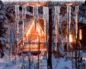 Rustic A-Frame Cabin through Winter Icicles  - obrazy, fototapety, plakaty