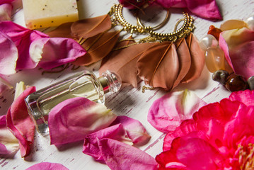 Rose petals and pink accessories