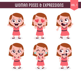 Cartoon character of a woman in different poses. Isolated on white background. Body gestures and facial expressions. Set 1 of 8.