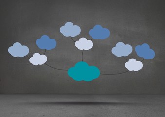 Colorful mind map clouds floating over dark room background