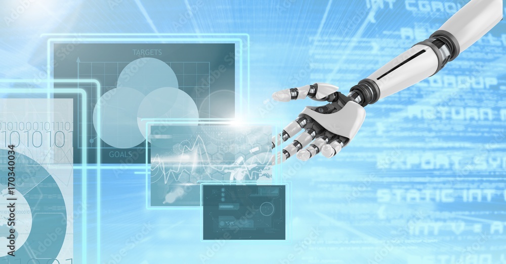 Poster robot hand interacting with technology interface panels